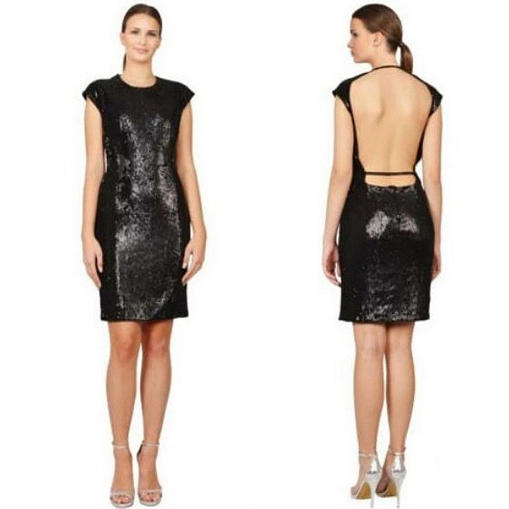 Kaufmanfranco fully sequined pewter silver open back knee length dress 6